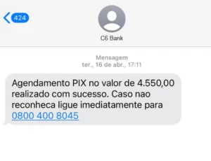Print de tela de um SMS enviado por um golpista no golpe da falsa central do C6 Bank.