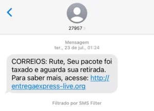 Print de tela de uma mensagem falsa se passando pelos correios.