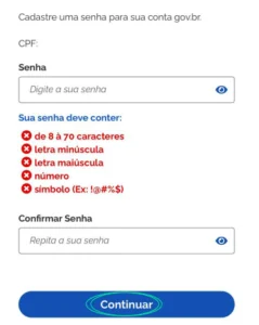 Print de tela da etapa de criação de senha para a conta gov.br