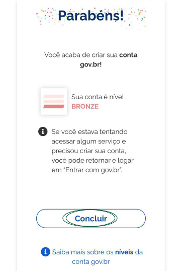 Etapa de conclusão do cadastro da conta gov.br
