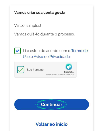 Termos e condições para a criação da conta gov.br