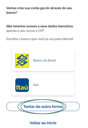 Print de tela na etapa de bancos da criação de conta gov.br