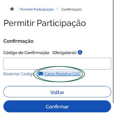 Print de tela da etapa de envio do código de verificação para permissão de participação de cnpj.
