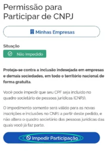 Print de tela da etapa de impedimento de participação de CNPJ.