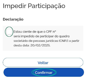 Print de tela da etapa de teclaração de ciência do impedimento de participação de CNPJ
