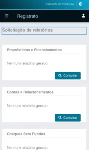 Print de tela do site do registrato mostrando os relatórios financeiros que o cidadão pode consultar.