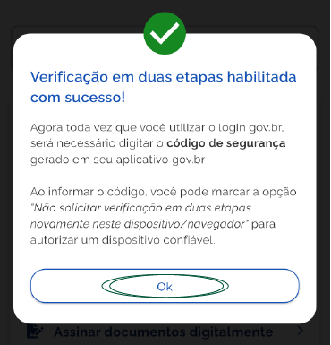 Print de tela do App gov.br mostrando a verificação em duas etapas.