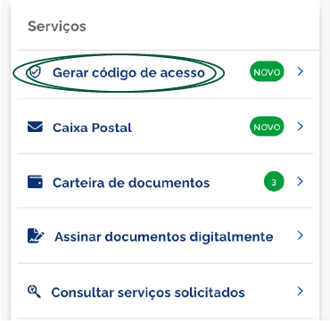 Print de tela da página inicial do App gov.br onde aparece a opção de gerar código de acesso.