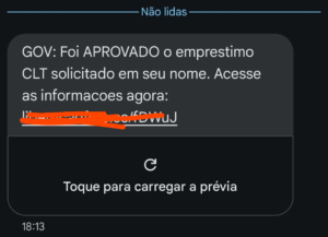 Print de uma mensagem SMS enviada por um golpista se passando pelo GOV.br. A mensagem contém um link e fala sobre uma suposta liberação do empréstimo consignado CLT, que na verdade se trata de um golpe.