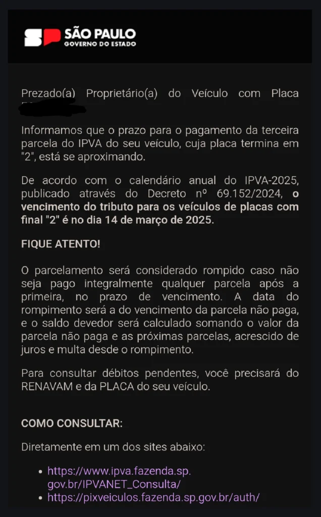 Print de tela de um e-mail enviado por um golpista se passando pelo governo para cobrar o IPVA. O e-mail contém um link que leva a vítima para um site falso.