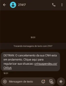 Print de uma mensagem de texto de um criminiso se passando pelo Detran no golpe da CNH.