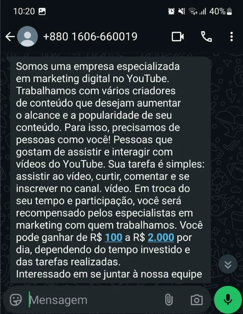 Print da tela de uma mensagem enviada pelo golpista no golpe da tarefa paga.