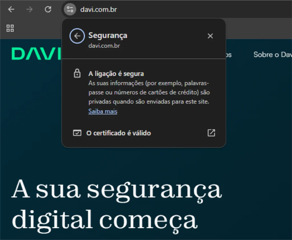 Print de tela do certificado de segurança de um site.