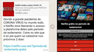 Print de uma tentativa de golpe de phising onde o criminoso criou um anúncio falso de netflix gratuita, com um link para roubas os dados pessoais da vítima.