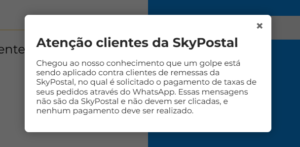 print de tela de uma mensagem exibida no site da Skypostal alertando seus clientes sobre um golpe envolvendo o nome da transportadora.