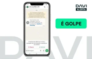 Imagem representando uma mensagem de celular informando sobre uma suposta atualização do aplicativo, junto de um link suspeito para baixar a suposta atualização.