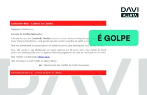 Imagem de um alerta de golpe envolvendo cartão de crédito Santander, com aviso de golpe e destaque em verde