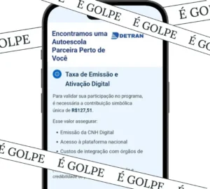 Imagem de um celular exibindo uma mensagem sobre taxa de emissão e ativação digital, com evidência de frase 'É Golpe' repetida como alerta de segurança.