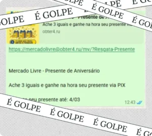 Imagem de uma mensagem com instruções de um jogo de encontrar 3 iguais para ganhar um presente de aniversário pelo Mercado Livre, com várias fitas adesivas com a frase 'É GOLPE' cobrindo partes da mensagem.