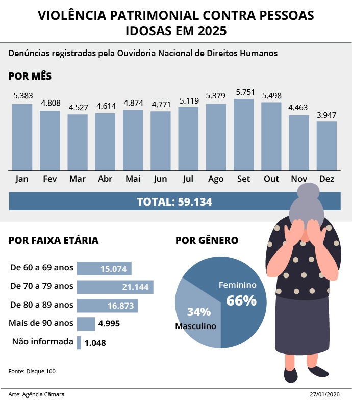 Gráfico de violência patrimonial contra pessoas idosas em 2025, com destaque para o número de denúncias mensais, faixa etária predominantly feminina, e distribuição por gênero. Indicando aumento de casos até setembro e redução em dezembro, com dados por faixa etária e gênero.