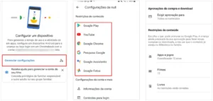 Imagem mostrando configurações de dispositivos e restrições de conteúdo em aplicativos do Android, incluindo Google Play, YouTube, Google Chrome, Pesquisa Google, Google Assistente e Google Fotos, com exemplos de gerenciamento de controle e permissões.