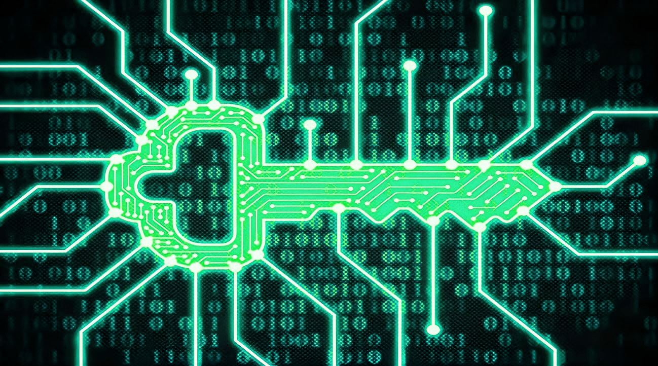 Placa de circuito eletrônico com trilhas e conectores em estilo de tecnologia digital, iluminação verde e padrões binários ao fundo