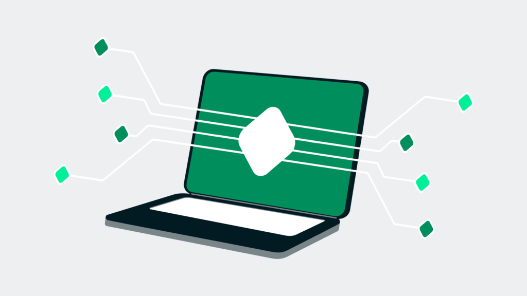 Ilustração vetorial de um notebook com ícone de engrenagem, representando conectividade, suporte digital e processamento de dados, com elementos pontilhados verdes ao redor.
