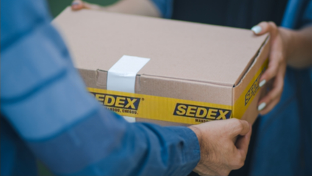 Entrega de encomenda pelos Correios, com uma caixa de transporte marrom da Sedex sendo segurada por uma pessoa usando uniforme azul.