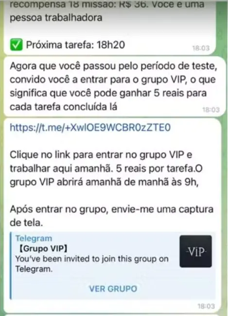 Print de conversa no Telegram com convite para grupo VIP, aviso de próxima tarefa às 18h20 e link para entrar no grupo, além de instrução para enviar captura de tela.