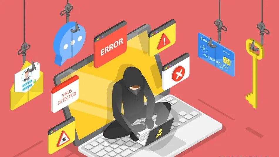 Ilustração em estilo isométrico de uma pessoa hacker sentada ao computador, cercada por ícones de erro, alertas e ameaças digitais como vírus detectado.